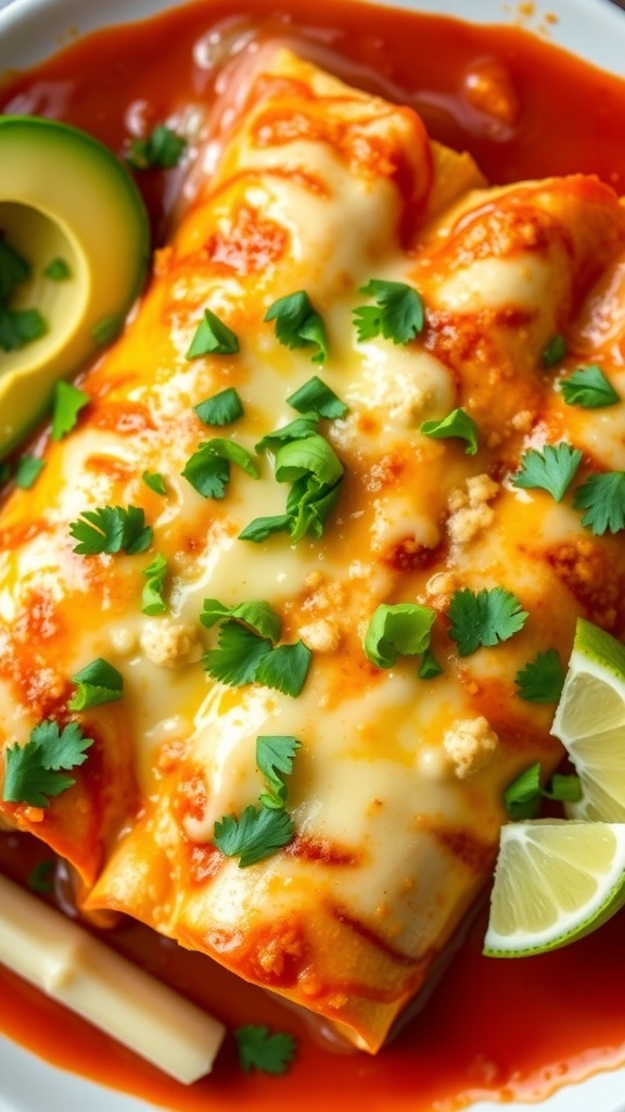Vegetarian cauliflower enchiladas topped with cheese and cilantro in red sauce, served with avocado and lime.